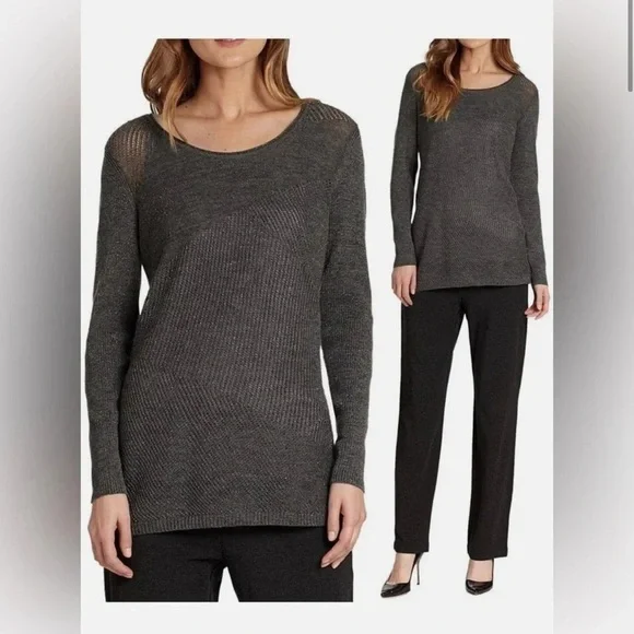 Eileen Fisher Scoop Neck Merino Wool Metallic Thread Geometric Sweater Long Line - Picture 4 of 11